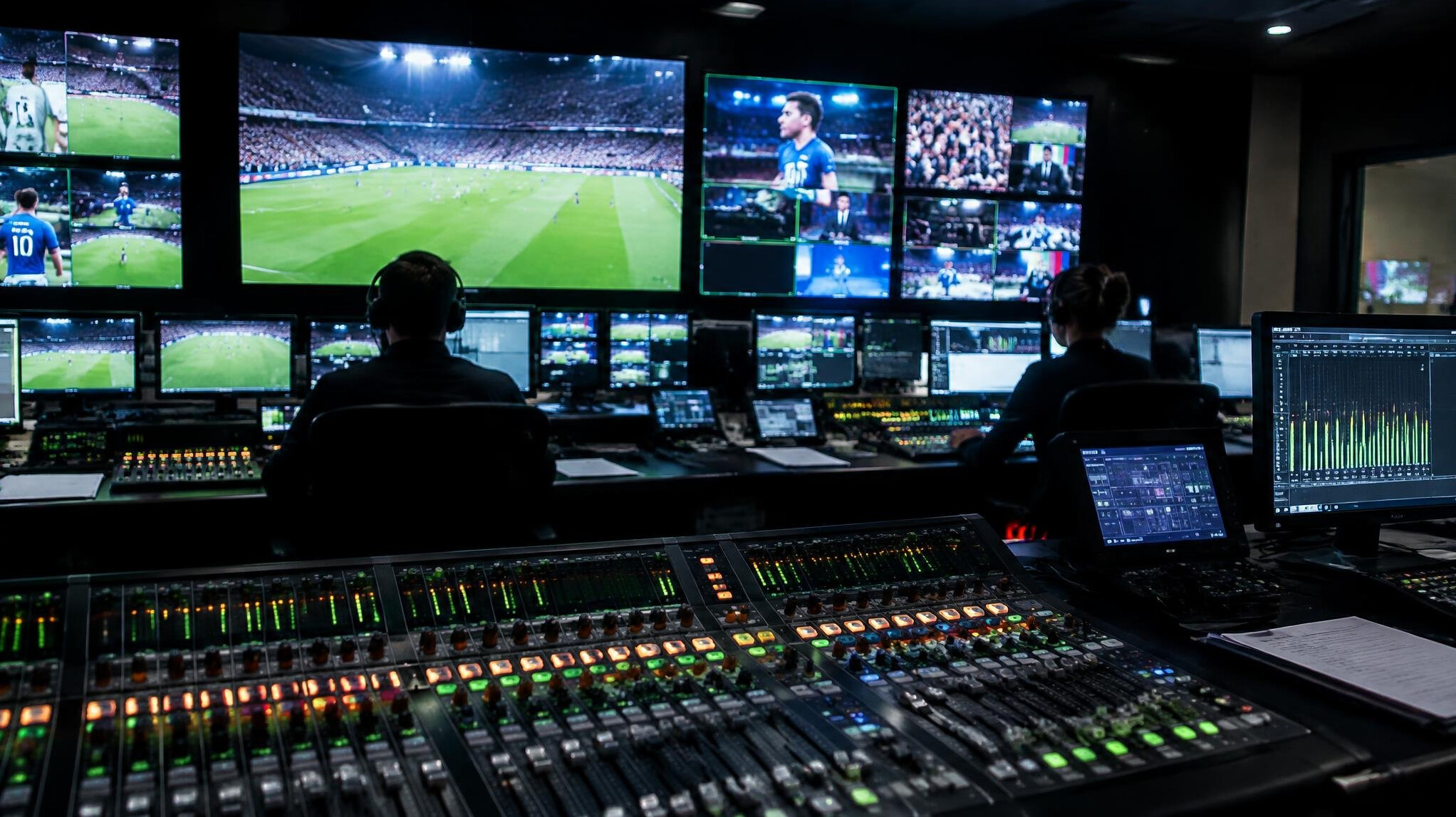 Broadcast control room with multiple monitors and mixing desk