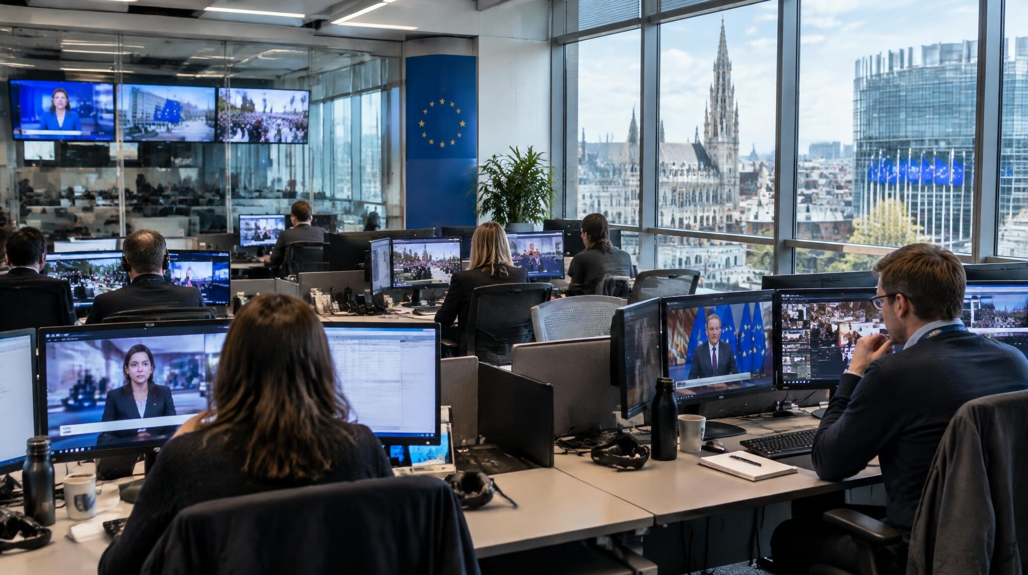 Modern newsroom office in Brussels with desks and screens