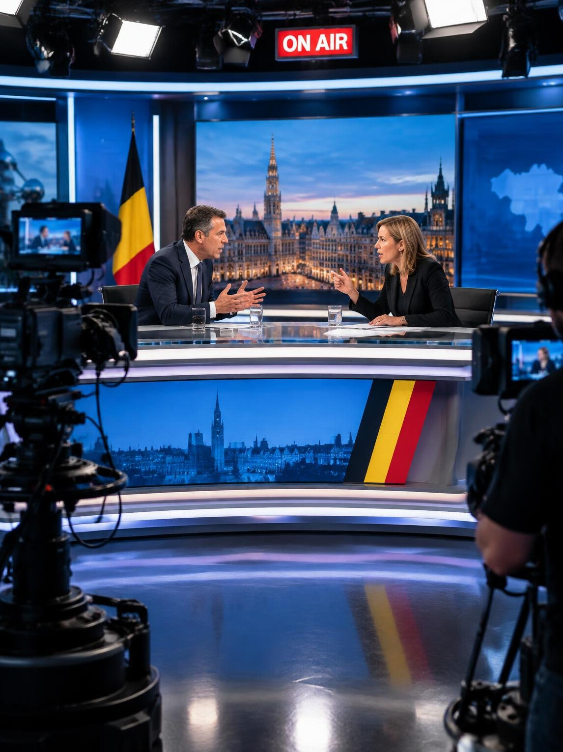 Tense moment in a television broadcast studio during a live conflict discussion